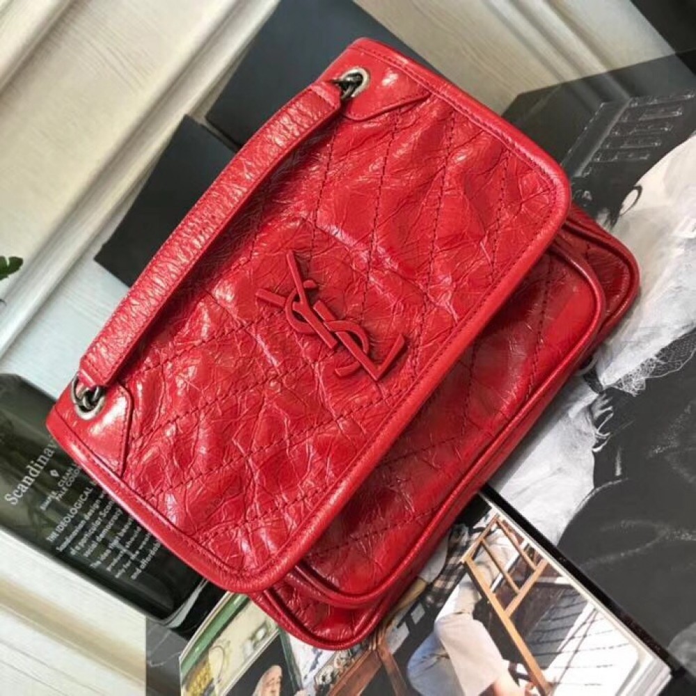 Saint Laurent Baby Niki Chain Bag In Red Crinkled Leather