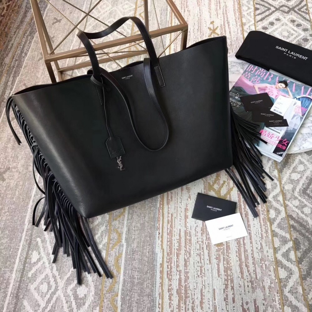 Saint Laurent Black Fringed Shopping Tote Bag