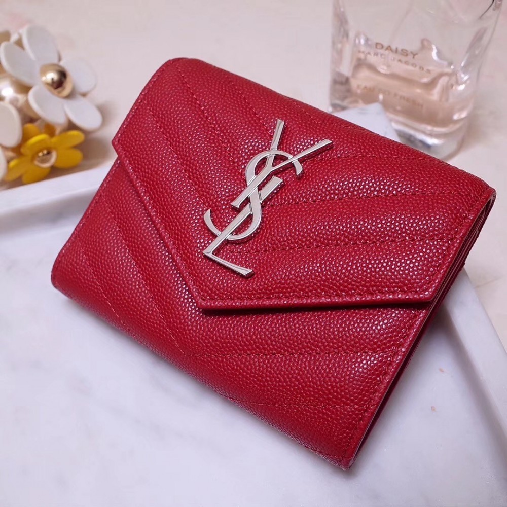 Saint Laurent Compact Tri Fold Wallet In Red Leather