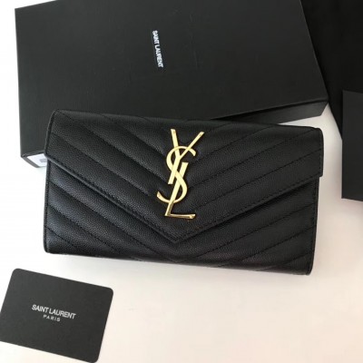 Saint Laurent Large Monogram Flap Wallet In Black Grained Leather