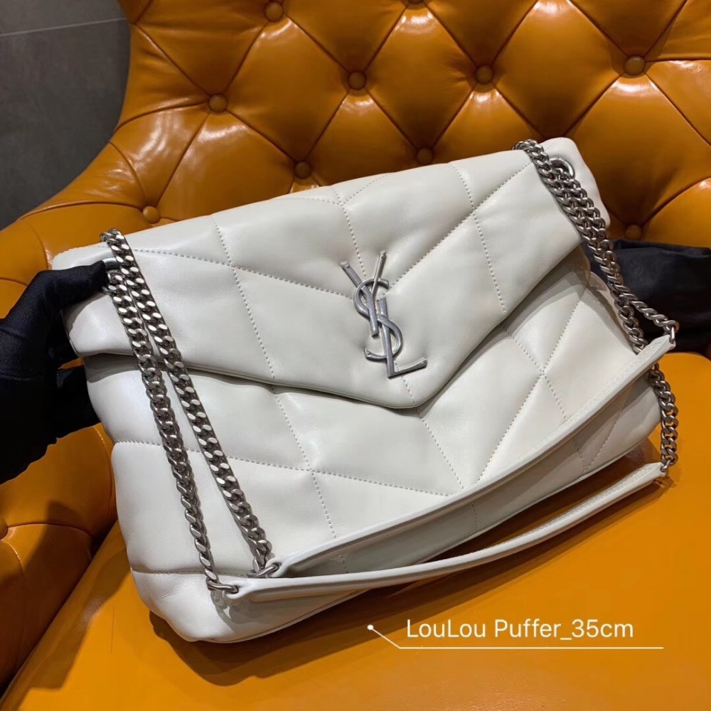 Saint Laurent Loulou Puffer Medium Bag In White Lambskin