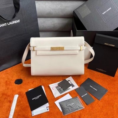 Saint Laurent Manhattan Baguette Bag In White Calfskin