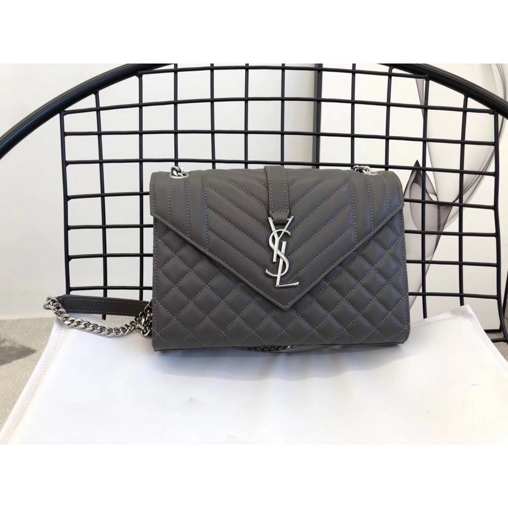 Saint Laurent Medium Envelope Bag In Grey Grained Leather