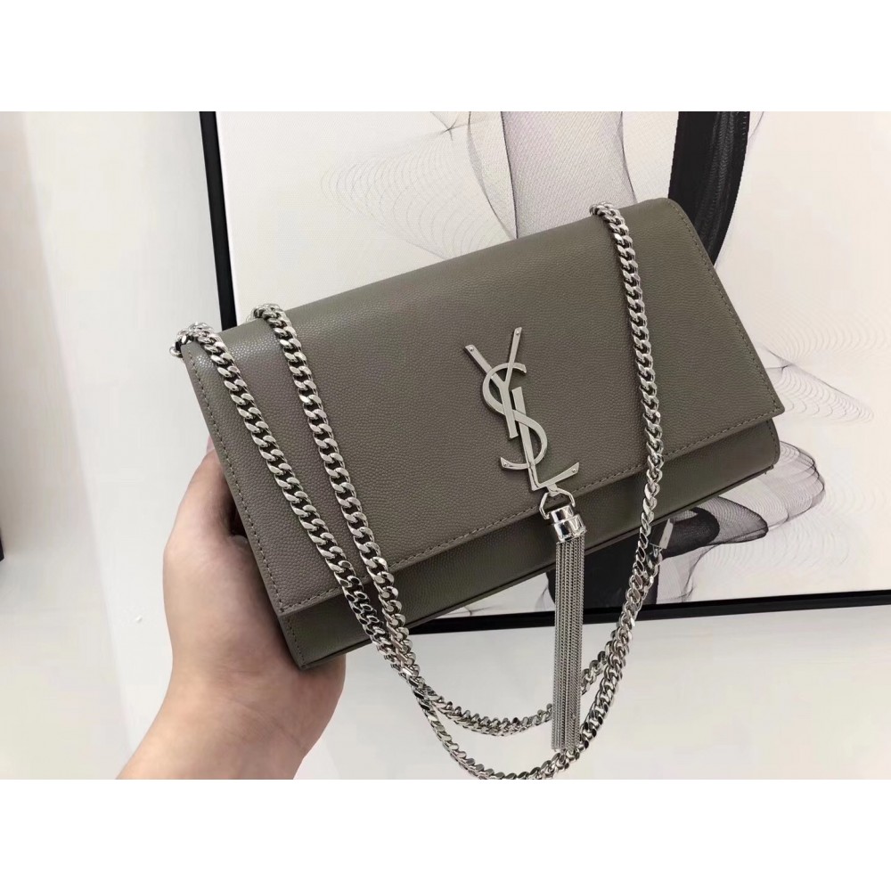 Saint Laurent Medium Kate Bag With Tassel In Grey Grained Leather