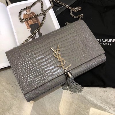 Saint Laurent Medium Kate Bag With Tassel In Storm Croc-Embossed Leather