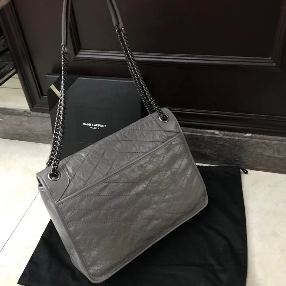 Saint Laurent Medium Niki Bag In Grey Crinkled Leather