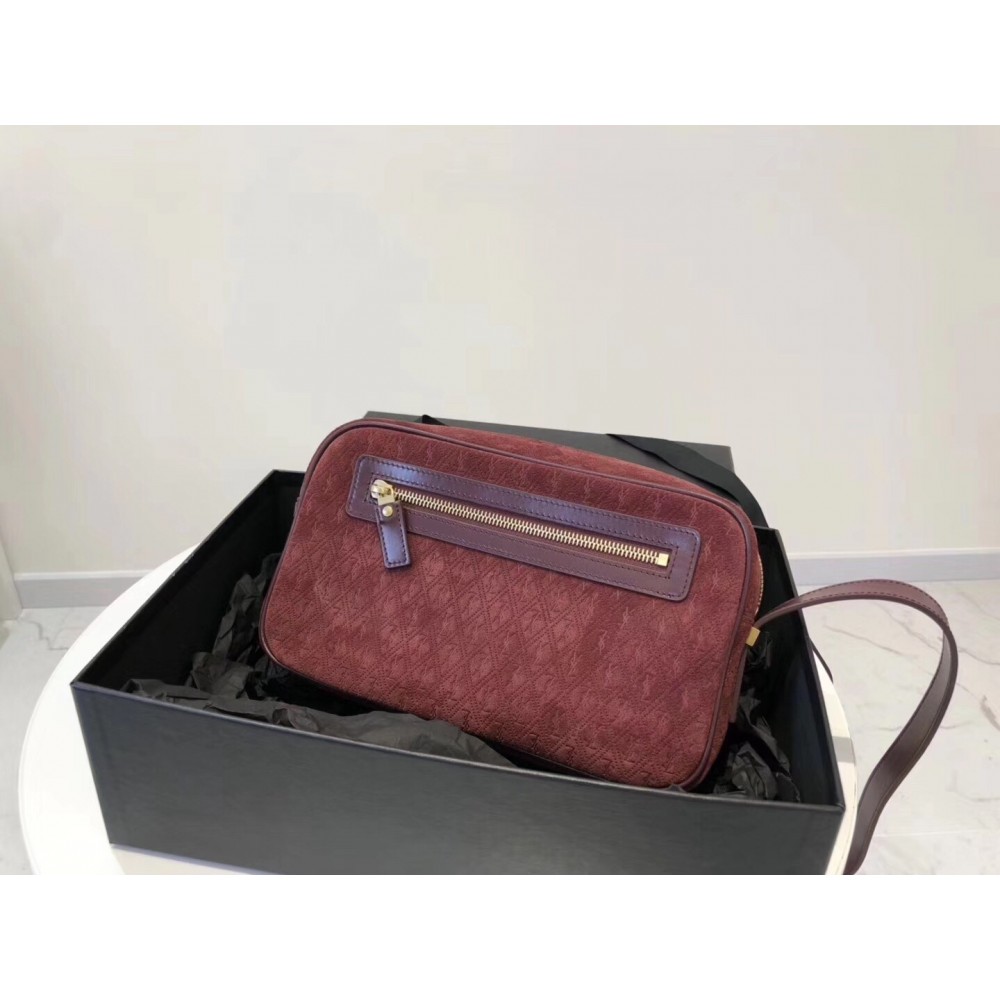 Saint Laurent Monogram All Over Camera Bag In Bordeaux Suede