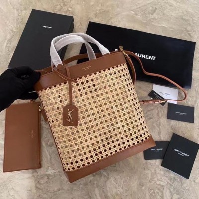 Saint Laurent N/S Toy Shopping Bag In Woven Cane And Leather