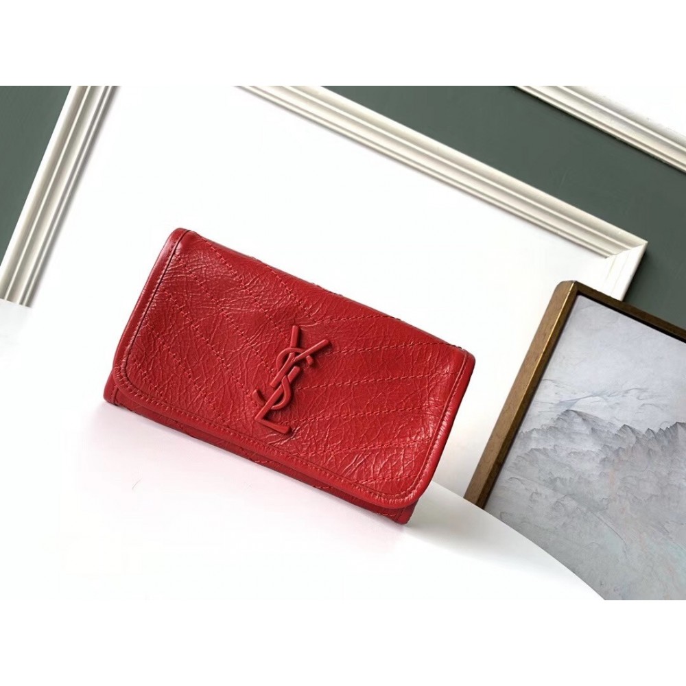 Saint Laurent Niki Large Wallet In Red Crinkled Vintage Leather