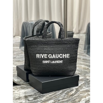 Saint Laurent Rive Gauche Tote Bag in Black Raffia Crochet