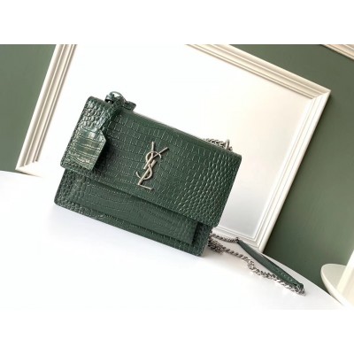 Saint Laurent Sunset Medium Bag In Green Crocodile Embossed Leather