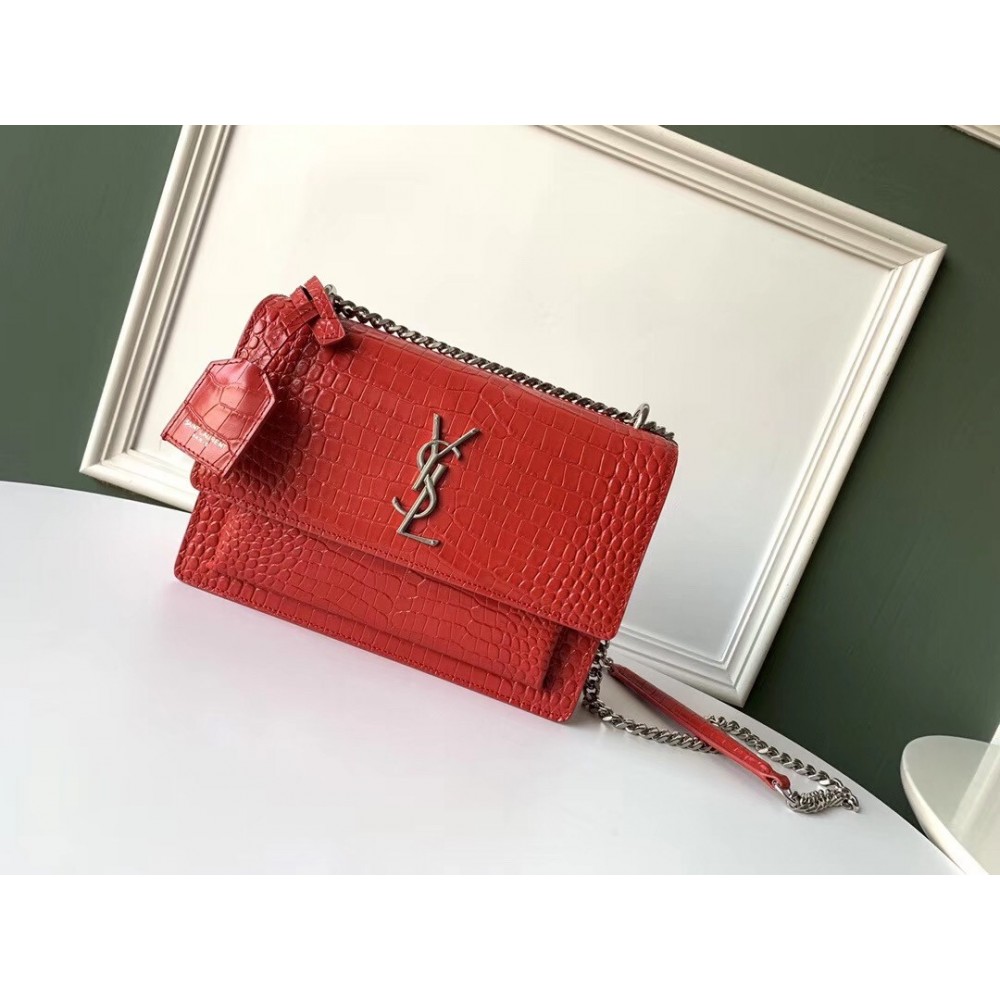 Saint Laurent Sunset Medium Bag In Red Crocodile Embossed Leather