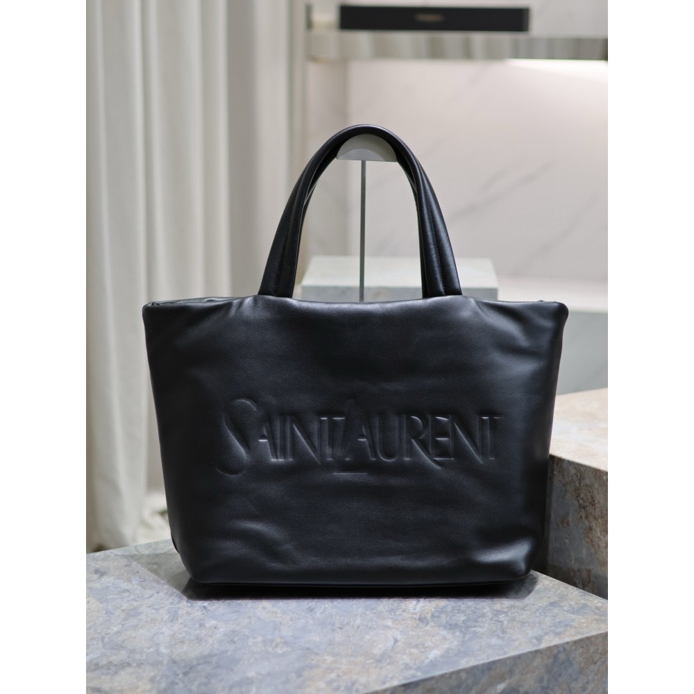 Saint Laurent Wide Puffer Tote Bag in Black Nappa Lambskin