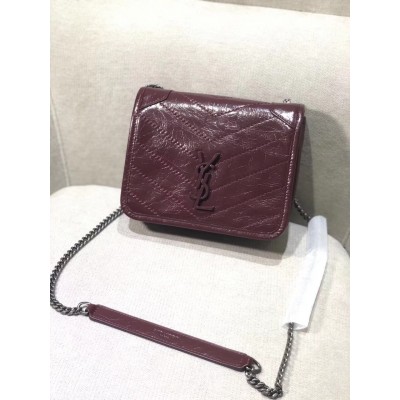 Saint Laurent WOC Niki Chain Wallet In Bordeaux Crinkled Leather