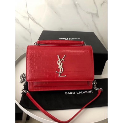 Saint Laurent WOC Sunset Chain Wallet In Red Croc-Embossed Leather