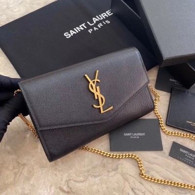 Saint Laurent WOC Uptown Chain Wallet In Black Leather